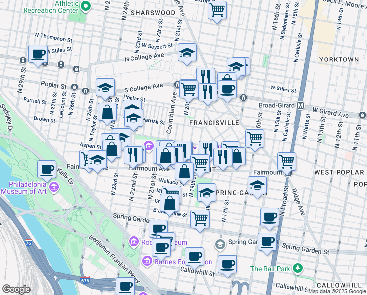map of restaurants, bars, coffee shops, grocery stores, and more near 753 North 20th Street in Philadelphia