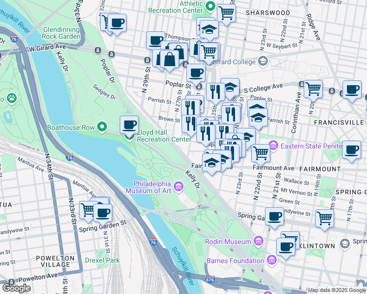 map of restaurants, bars, coffee shops, grocery stores, and more near 2601 Pennsylvania Avenue in Philadelphia