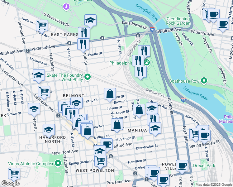 map of restaurants, bars, coffee shops, grocery stores, and more near 3826 Parrish Street in Philadelphia