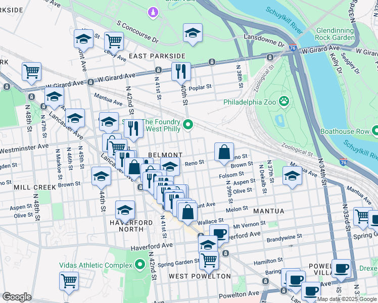 map of restaurants, bars, coffee shops, grocery stores, and more near 846 Wiota Street in Philadelphia