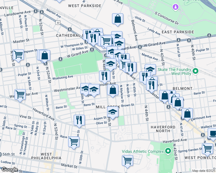 map of restaurants, bars, coffee shops, grocery stores, and more near 4700 Westminster Avenue in Philadelphia