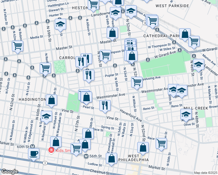 map of restaurants, bars, coffee shops, grocery stores, and more near 5416 Wyalusing Avenue in Philadelphia