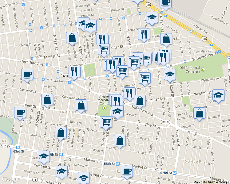 map of restaurants, bars, coffee shops, grocery stores, and more near 5603 Wyalusing Avenue in Philadelphia
