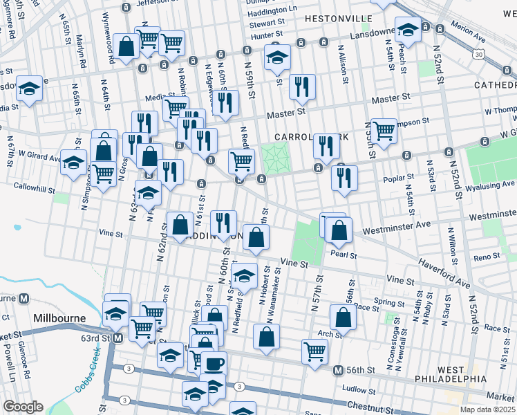 map of restaurants, bars, coffee shops, grocery stores, and more near 437 North Salford Street in Philadelphia