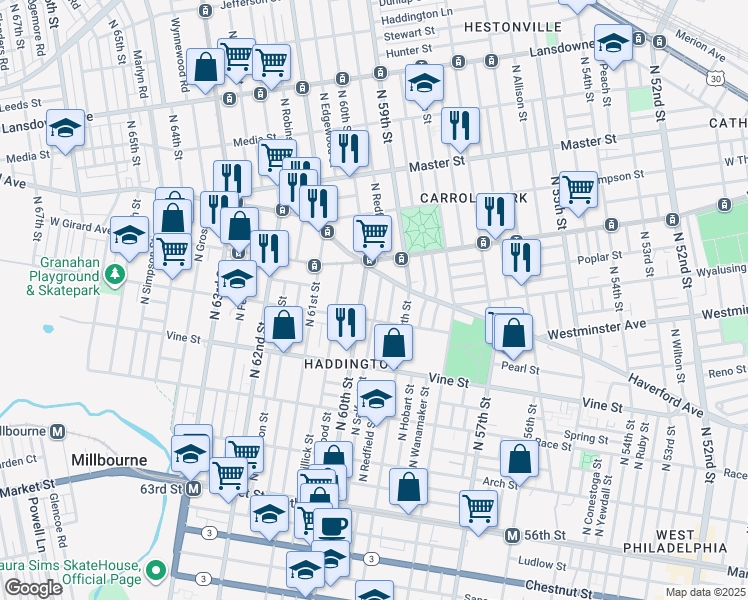 map of restaurants, bars, coffee shops, grocery stores, and more near 437 North Salford Street in Philadelphia