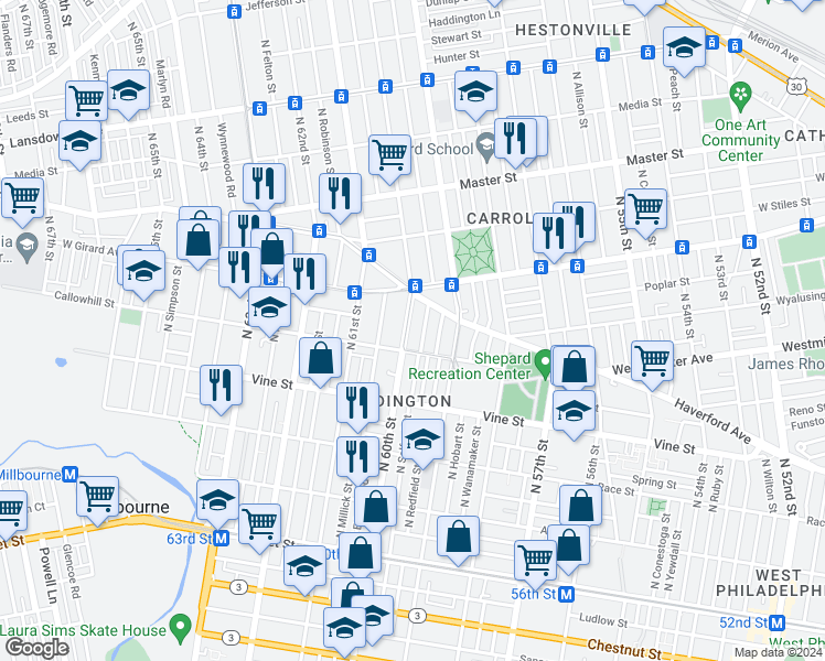 map of restaurants, bars, coffee shops, grocery stores, and more near 437 North Salford Street in Philadelphia
