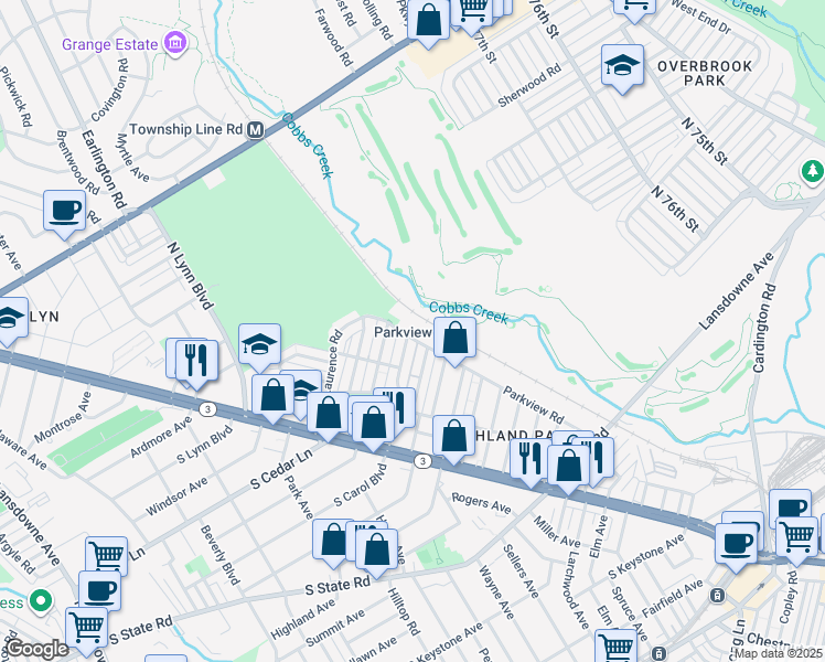 map of restaurants, bars, coffee shops, grocery stores, and more near 185 North Madison Avenue in Delaware County