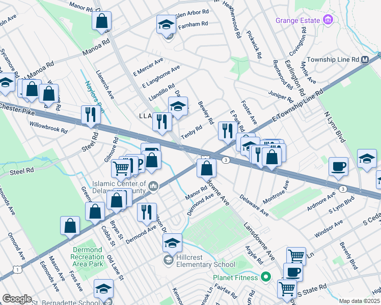 map of restaurants, bars, coffee shops, grocery stores, and more near 3 Darby Road in Havertown