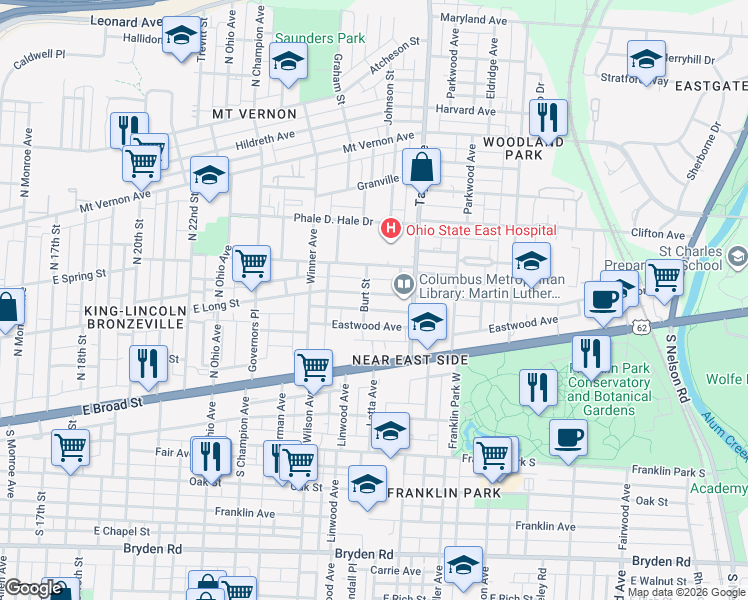 map of restaurants, bars, coffee shops, grocery stores, and more near 1415 East Long Street in Columbus