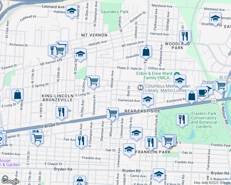 map of restaurants, bars, coffee shops, grocery stores, and more near 1359 East Long Street in Columbus