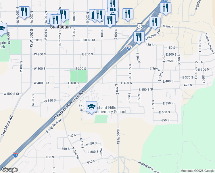 map of restaurants, bars, coffee shops, grocery stores, and more near 440 South 350 East in Santaquin