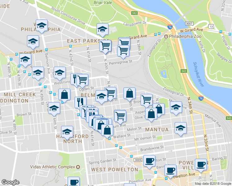 map of restaurants, bars, coffee shops, grocery stores, and more near 3959 Parrish Street in Philadelphia
