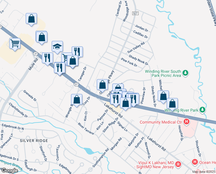 map of restaurants, bars, coffee shops, grocery stores, and more near 8 Oakside Drive in Toms River