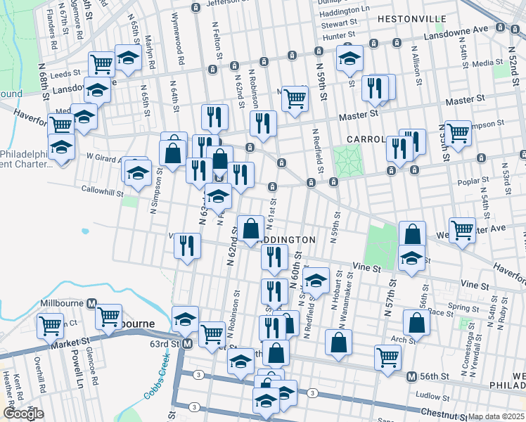 map of restaurants, bars, coffee shops, grocery stores, and more near 411 North Robinson Street in Philadelphia