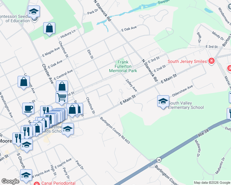 map of restaurants, bars, coffee shops, grocery stores, and more near 255 East Main Street in Moorestown