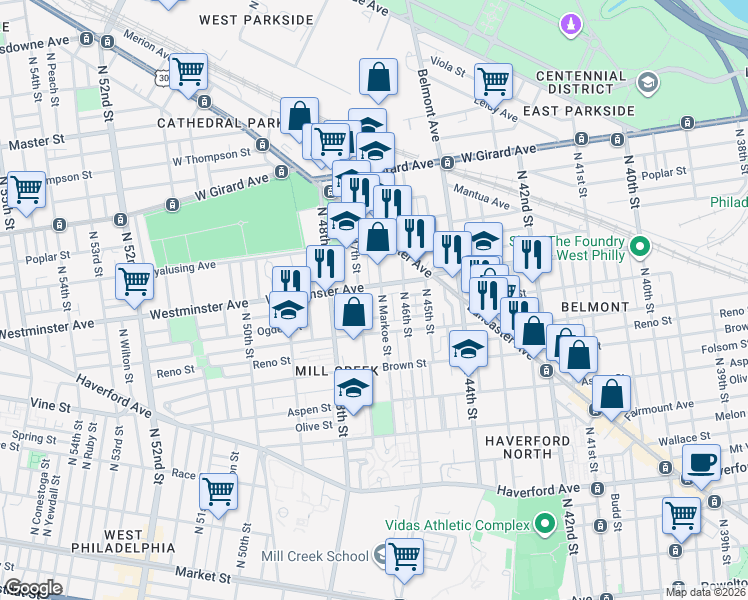 map of restaurants, bars, coffee shops, grocery stores, and more near 4610 Westminster Avenue in Philadelphia