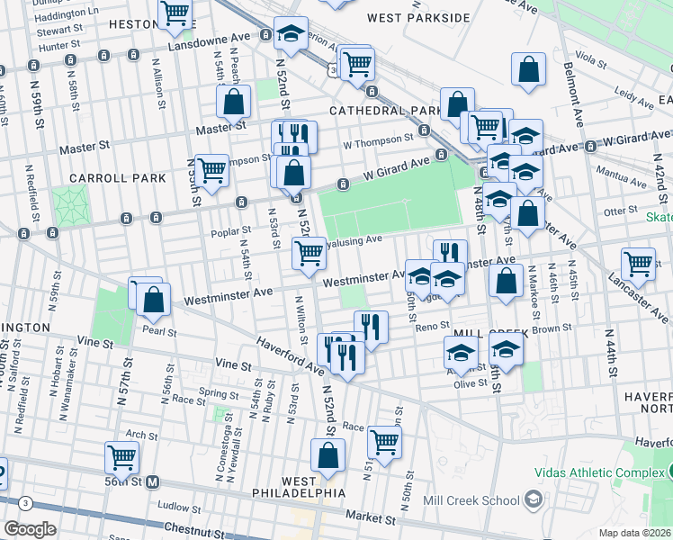 map of restaurants, bars, coffee shops, grocery stores, and more near 5109 Westminster Avenue in Philadelphia