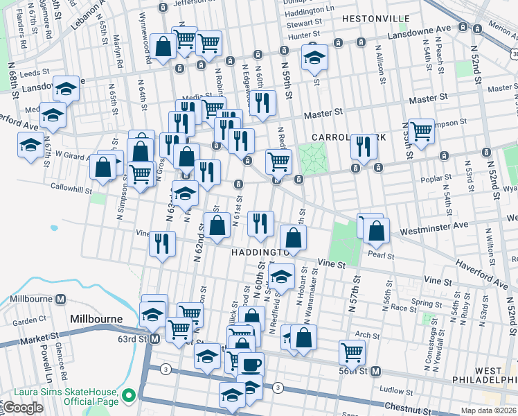 map of restaurants, bars, coffee shops, grocery stores, and more near 441 North Edgewood Street in Philadelphia