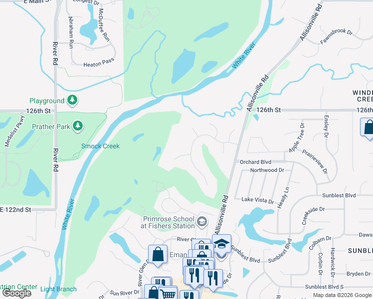map of restaurants, bars, coffee shops, grocery stores, and more near 7444 River Highlands Drive in Fishers