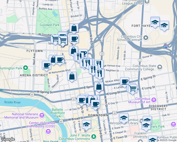 map of restaurants, bars, coffee shops, grocery stores, and more near 77 East Nationwide Boulevard in Columbus