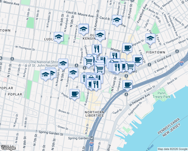 map of restaurants, bars, coffee shops, grocery stores, and more near in Philadelphia