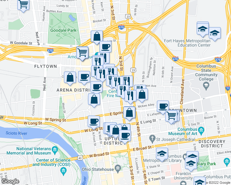 map of restaurants, bars, coffee shops, grocery stores, and more near 77 East Nationwide Boulevard in Columbus