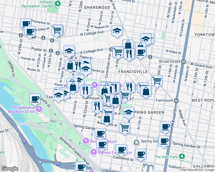 map of restaurants, bars, coffee shops, grocery stores, and more near 747 Corinthian Avenue in Philadelphia
