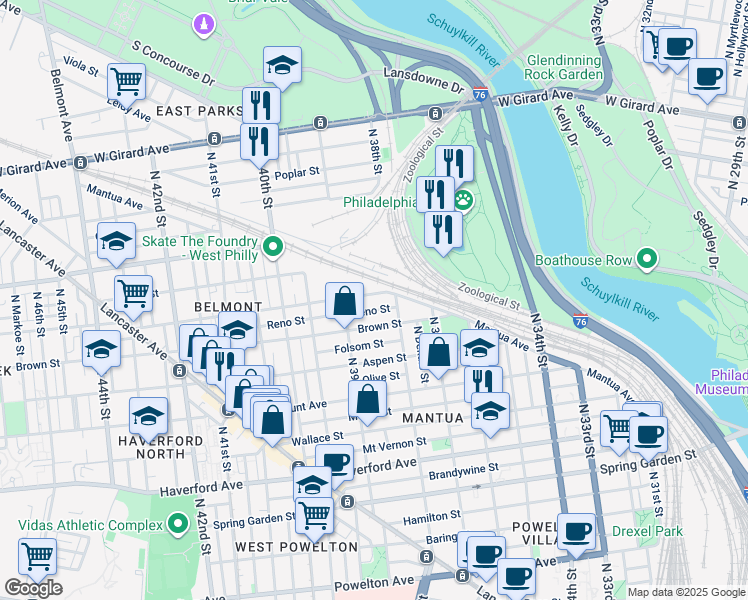 map of restaurants, bars, coffee shops, grocery stores, and more near 3822 Parrish Street in Philadelphia