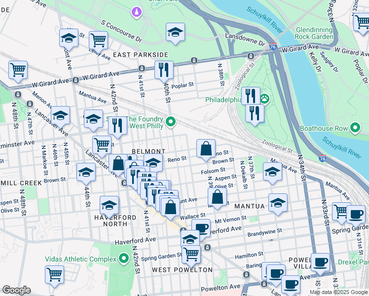 map of restaurants, bars, coffee shops, grocery stores, and more near 3959 Parrish Street in Philadelphia