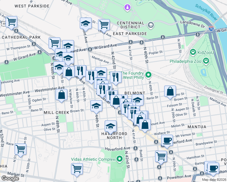 map of restaurants, bars, coffee shops, grocery stores, and more near 4211 Ogden Street in Philadelphia