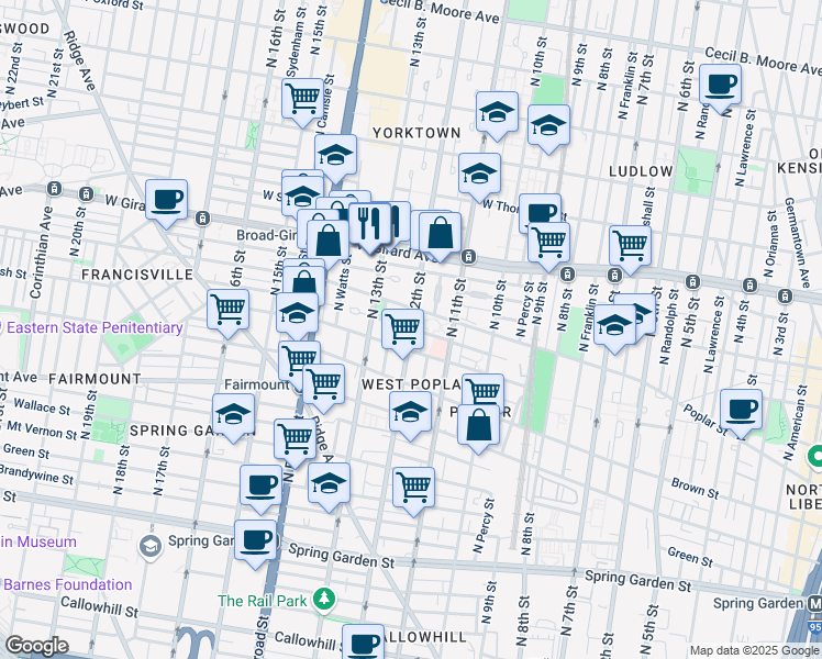 map of restaurants, bars, coffee shops, grocery stores, and more near North 12th Street & Ogden Street in Philadelphia