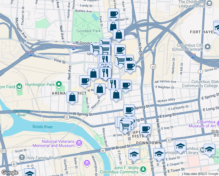 map of restaurants, bars, coffee shops, grocery stores, and more near 315 N Front St in Columbus