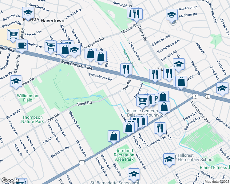map of restaurants, bars, coffee shops, grocery stores, and more near 406 Steel Road in Havertown