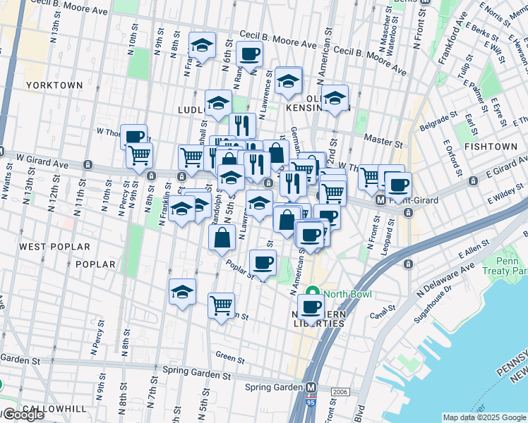 map of restaurants, bars, coffee shops, grocery stores, and more near 1127 North 4th Street in Philadelphia