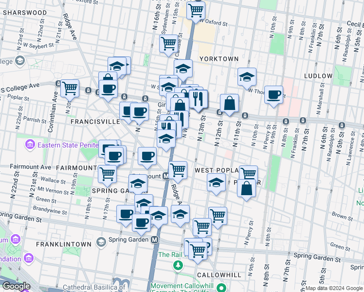 map of restaurants, bars, coffee shops, grocery stores, and more near 1338 Parrish Street in Philadelphia