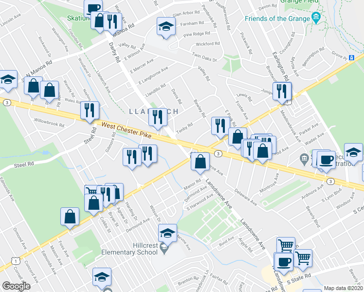 map of restaurants, bars, coffee shops, grocery stores, and more near 3 Darby Road in Havertown
