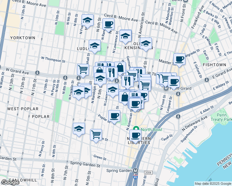 map of restaurants, bars, coffee shops, grocery stores, and more near 1127 North 4th Street in Philadelphia