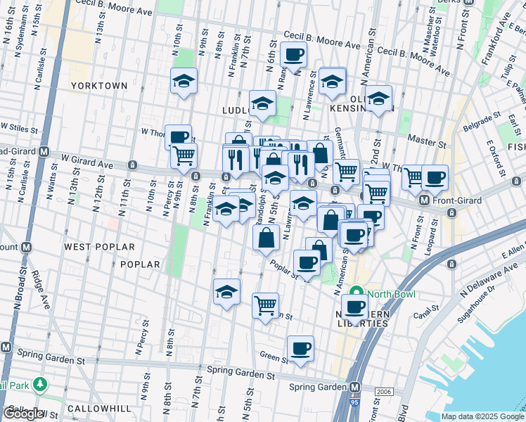 map of restaurants, bars, coffee shops, grocery stores, and more near 973 North Randolph Street in Philadelphia