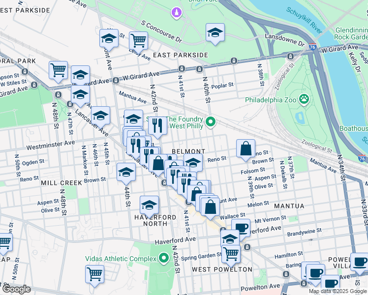 map of restaurants, bars, coffee shops, grocery stores, and more near 844 North 41st Street in Philadelphia