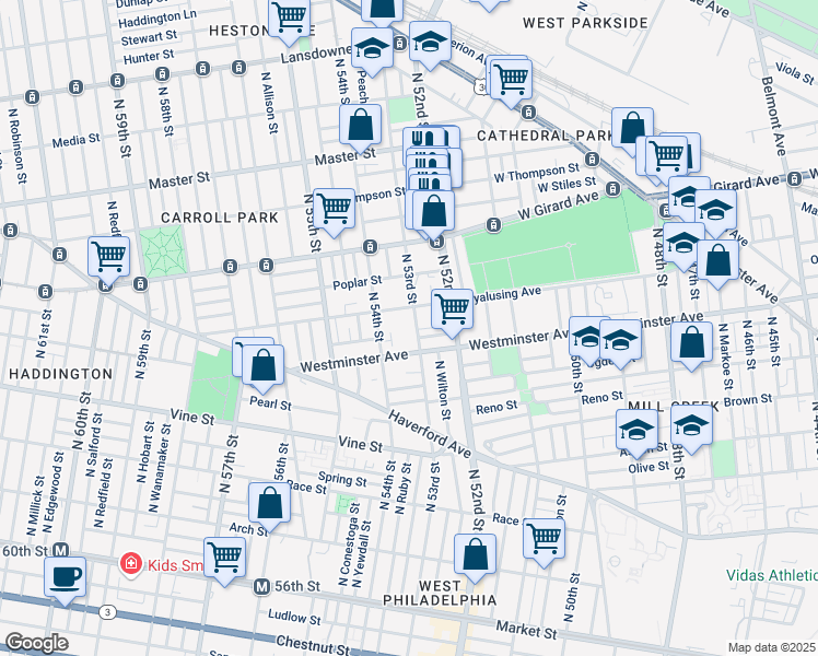map of restaurants, bars, coffee shops, grocery stores, and more near 530 North 53rd Street in Philadelphia