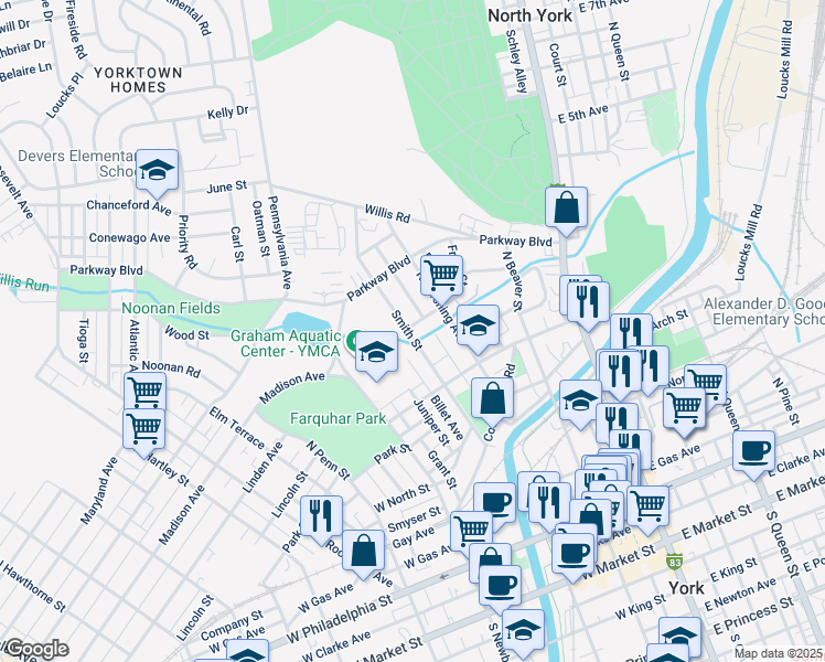 map of restaurants, bars, coffee shops, grocery stores, and more near 577 Smith Street in York
