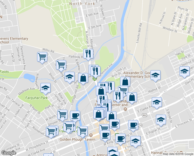 map of restaurants, bars, coffee shops, grocery stores, and more near 409 North George Street in York