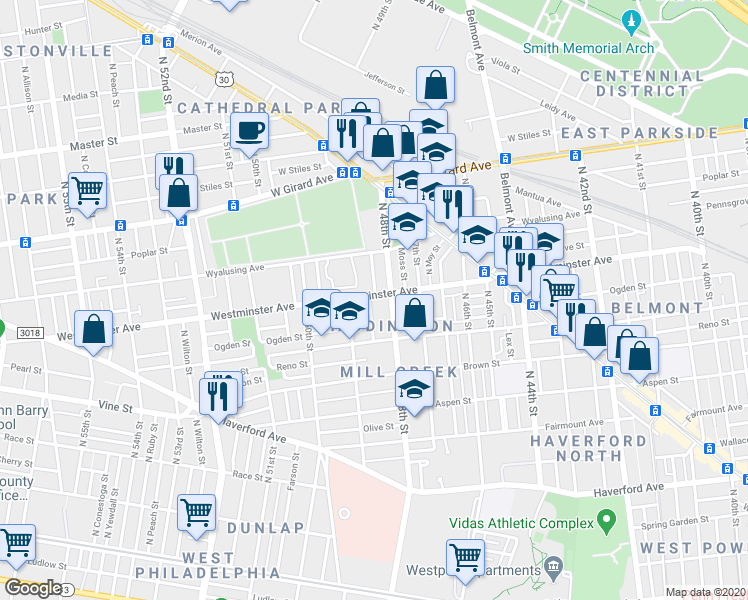map of restaurants, bars, coffee shops, grocery stores, and more near 4822 Westminster Avenue in Philadelphia