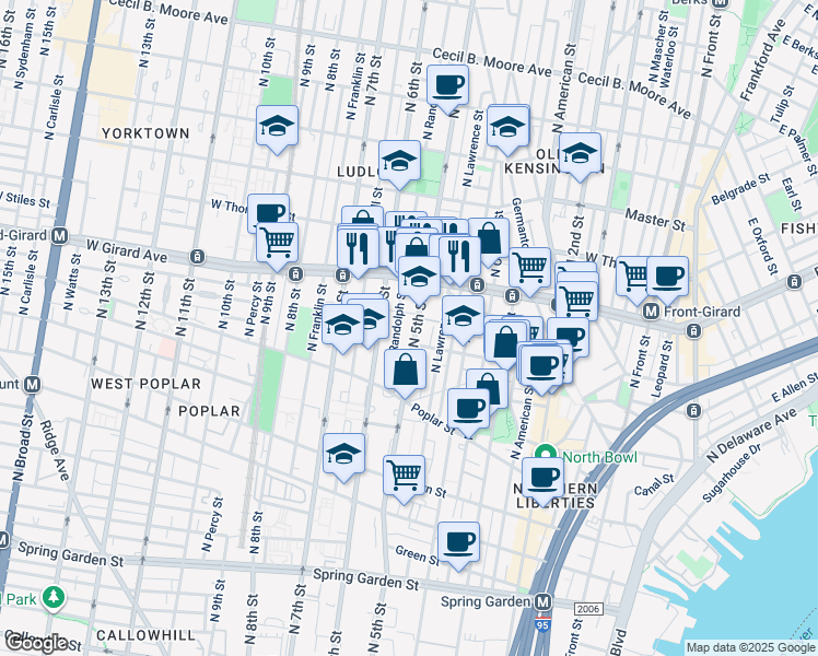 map of restaurants, bars, coffee shops, grocery stores, and more near 978 North 5th Street in Philadelphia