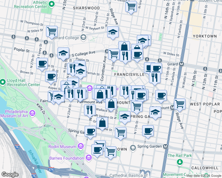 map of restaurants, bars, coffee shops, grocery stores, and more near 753 North 20th Street in Philadelphia
