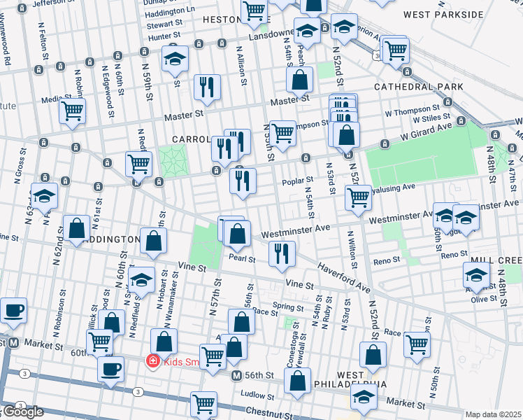 map of restaurants, bars, coffee shops, grocery stores, and more near 5536 Wyalusing Avenue in Philadelphia