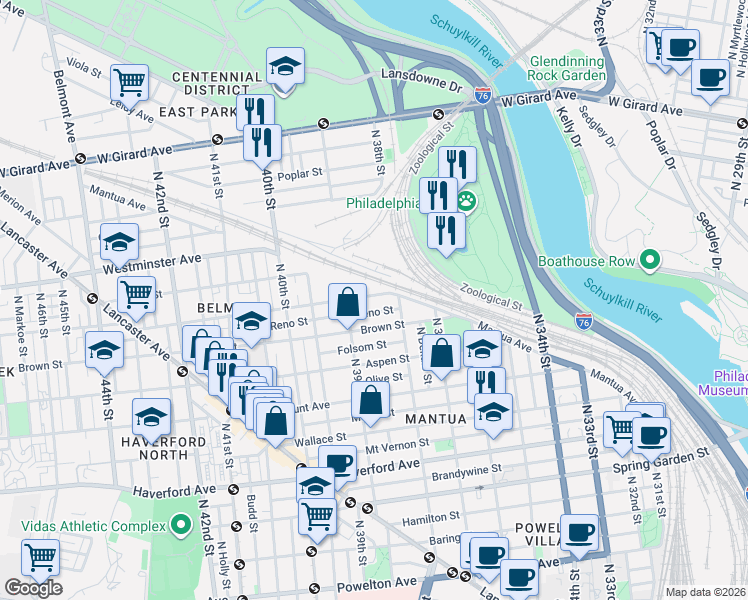 map of restaurants, bars, coffee shops, grocery stores, and more near 3826 Parrish Street in Philadelphia