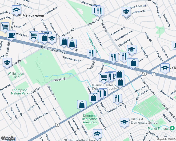 map of restaurants, bars, coffee shops, grocery stores, and more near 321 Steel Road in Havertown