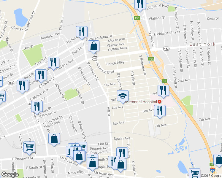 map of restaurants, bars, coffee shops, grocery stores, and more near 1407 2nd Avenue in York
