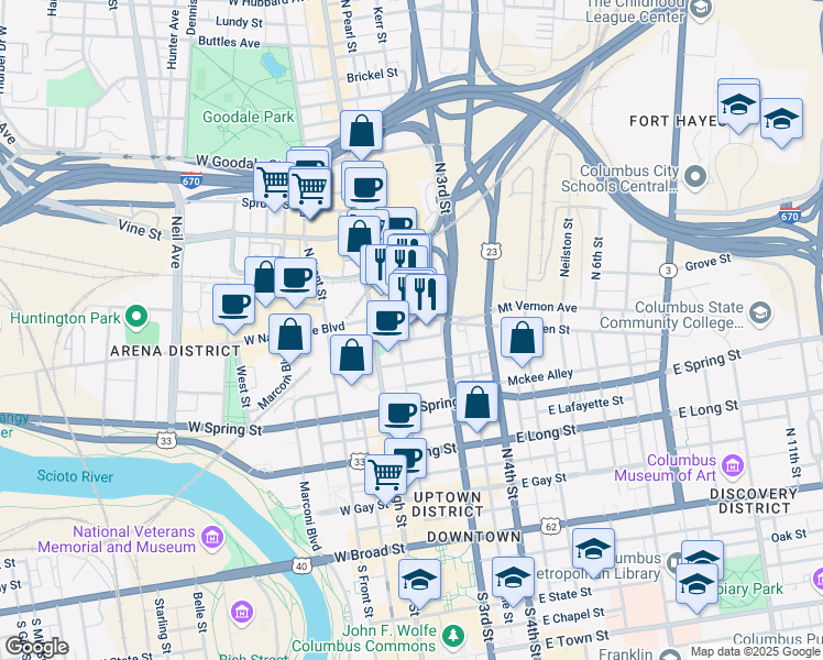 map of restaurants, bars, coffee shops, grocery stores, and more near 33 East Nationwide Boulevard in Columbus